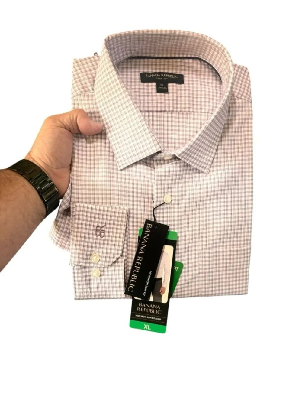 Banana Republic Non Iron Slim Fit Dress Shirt XL 18.5x36.5 Purple Plaid NWT